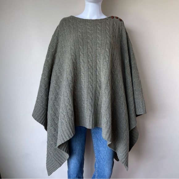 Ralph Lauren Cable Knit Wool Cashmere Poncho Wrap Sage Green Bateau Neckline M/L - Picture 5 of 15